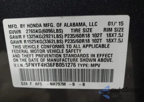 2015 Honda Pilot Se from USA, damaged, VIN 5FNYF4H36FB051276